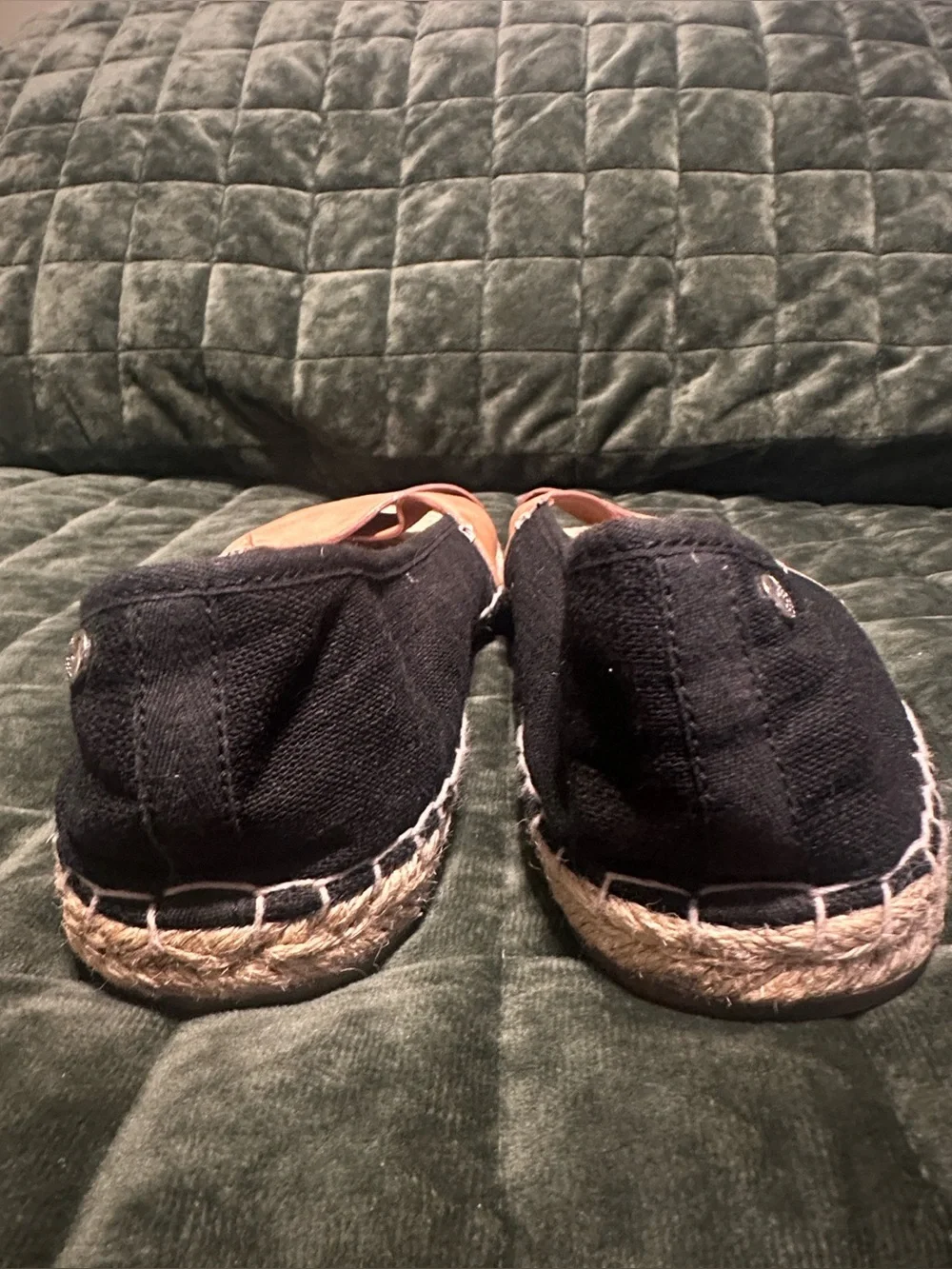 Tommy Bahama Black Canvas & Tan Leather Crossover Espadrille Flats